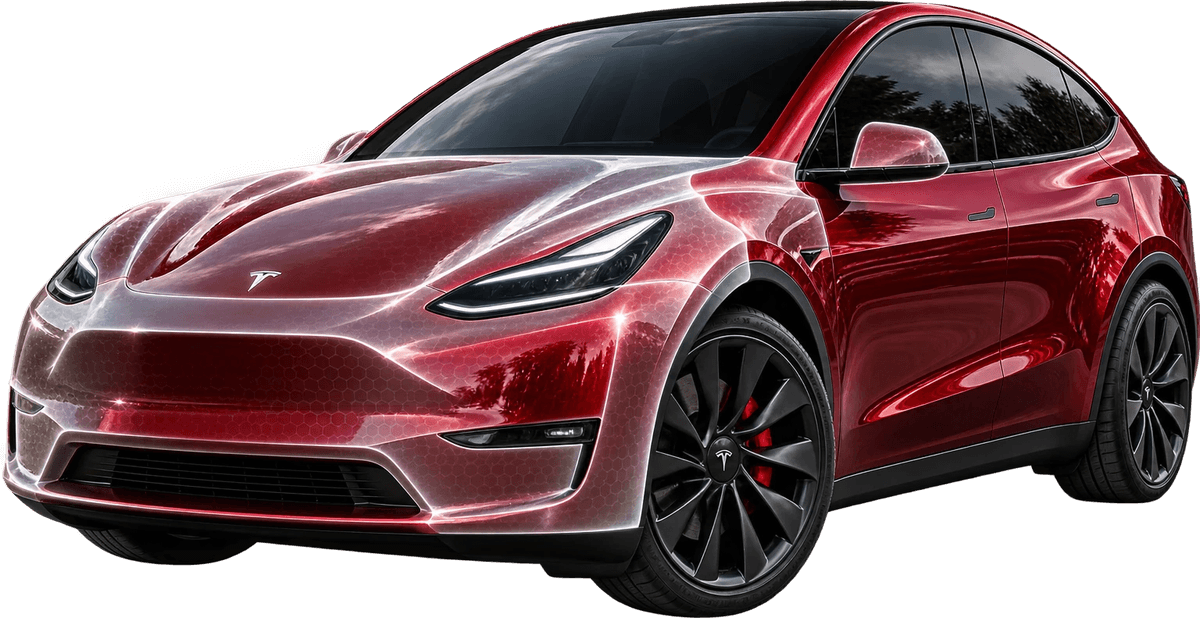 Red Tesla Model Y with clear paint protection film on the hood, bumper, fenders, and mirrors